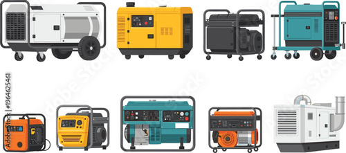 Portable power generators collection illustration featuring diesel gasoline inverter units for backup electricity industrial equipment energy supply vector set