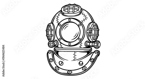 Detailed black-and-white illustration of a vintage diving helmet with a round window and side components for underwater exploration and maritime themes.