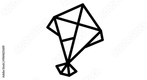 Minimalist black and white illustration of a geometric kite design isolated on a plain white background. The kite is stylized with clean lines.