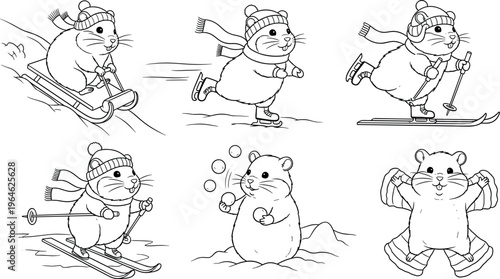 Cute hamster water sports activity set with surfing, paddleboarding, kayaking, and playful summer cartoon vector illustrations