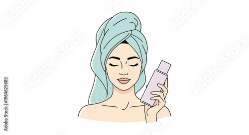 Woman with blue towel on head relaxing with skincare product in soft pastel lighting for beauty and wellness