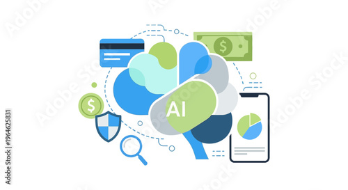 AI FinTech Brain: Artificial Intelligence, Financial Technology, Data Security, and Mobile Banking Analytics Illustration