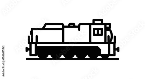 Stylized black-and-white vector illustration of a modern diesel locomotive with bold lines and a minimalist design. Suitable for transportation concepts.