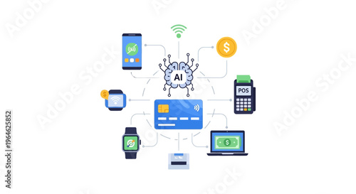 AI Digital Payment Ecosystem. Artificial Intelligence managing Fintech transactions, smart credit cards, mobile wallets, POS terminals, and connected financial devices.