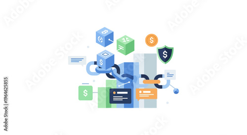 Secure Blockchain Technology and Cryptocurrency Connection. Decentralized Finance (DeFi) Network, Data Blocks, and Smart Contracts Linkage Illustration.