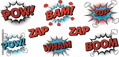 Comic Pop Art Explosion Text Set Featuring POW BAM ZAP BOOM WHAM Sound Effects with Halftone Retro Style Elements