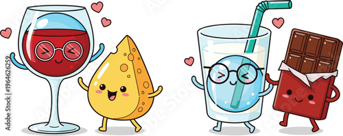 Cute food pairing vector collection featuring cartoon characters of red wine with cheese and milk with a chocolate bar in kawaii style.