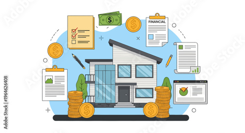 Flat vector illustration of a modern residential house with financial documents, gold coin stacks, banknotes, checklists, and data charts representing real estate investment and home buying.