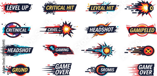 Gaming Badge and UI Label Set Featuring Level Up Critical Hit Headshot Game Over and Action Explosion Effects