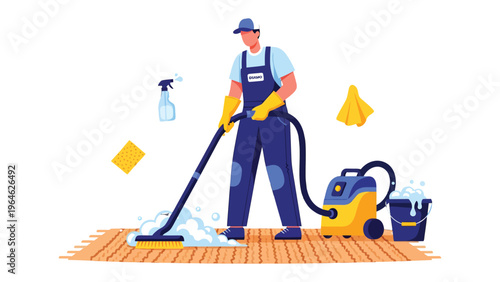 Professional Cleaning Service: A meticulous professional, equipped with a vacuum cleaner and cleaning supplies, is diligently cleaning a room, embodying the essence of hygiene and cleanliness. 