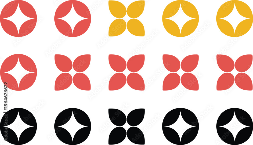 Fototapeta premium Set of minimalist geometric flower icons and starburst shapes in red yellow and black color palette