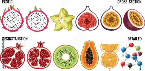 Exotic Fruits Icon Set Featuring Detailed Cross-Sections and Destruction Effects Including Papaya, Kiwi, Pomegranate, Starfruit, and Dragonfruit