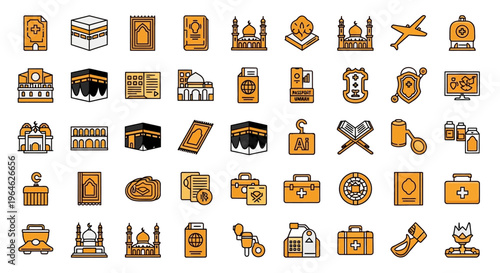 Islamic Hajj and Umrah Icon Set featuring Kaaba, Mosque, Quran, Passport, and Pilgrimage Travel Essentials in Modern Linear Style