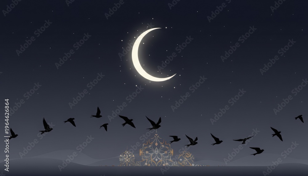 Naklejka premium A serene nighttime scene with a crescent moon, stars, and birds flying over a peaceful cityscape.