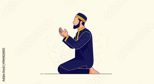 Muslim Man Praying and Making Dua Supplication, Islamic Faith and Spirituality Concept Illustration, Ramadan Kareem and Eid Mubarak Theme Vector