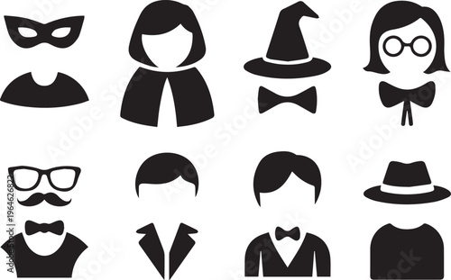 Diverse character costumes and accessories icons, including masks, capes, hats, glasses, and formal wear for masquerade or dress up.