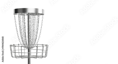 a pristine, professional galvanized steel disc golf basket isolated on a seamless bright white studio background with extensive copy space, captured in bright diffuse light, concept for product