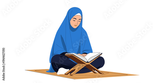 Young Muslim Woman in Blue Hijab Reading Holy Quran on Rehal Wooden Stand while Sitting on Prayer Mat. Vector Illustration of Islamic Spirituality and Religious Devotion.