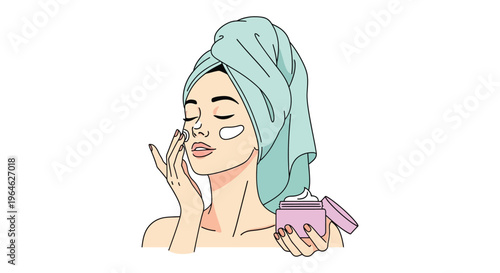 Woman applying face cream in pastel colorful illustration for skincare advertising