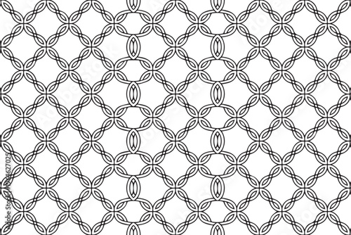 Geometric interlocking circle pattern background with thin black lines creating elegant repetitive diamond shapes and oval lattice structure