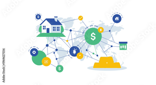 Global Asset Tokenization and Financial Interconnection Network. Real Estate, Gold, and Digital Currency Ecosystem Map.