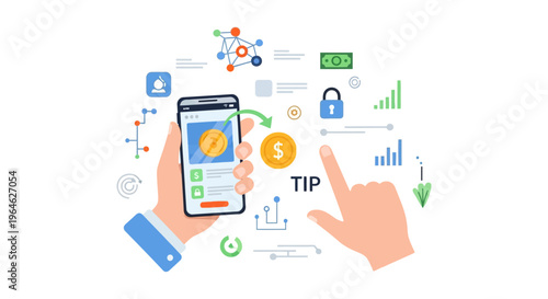 Mobile Tipping and Digital Payment Concept Vector Illustration. Hand Holding Smartphone for Money Transfer and Secure Financial Transaction.