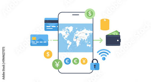Secure Global Mobile Payment and Cross-Border Money Transfer Concept. Digital Banking, E-Wallet, Credit Cards, and World Currency Exchange on Smartphone.