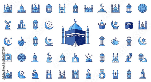 Comprehensive Islamic Icon Set in Blue Filled Outline Style; Featuring Mosque, Kaaba, Crescent Moon, Lanterns, and Praying Figures for Ramadan, Eid, and Hajj Designs