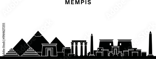 Memphis city silhouette with pyramids, temple columns, and obelisks, early Egyptian capital near Nile.