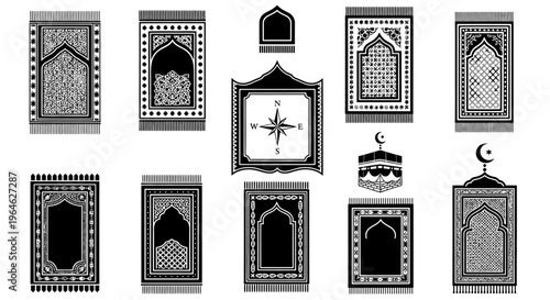 Islamic Prayer Rug and Sajadah Icon Collection - Muslim Symbols, Qibla Compass, and Kaaba Vector Set