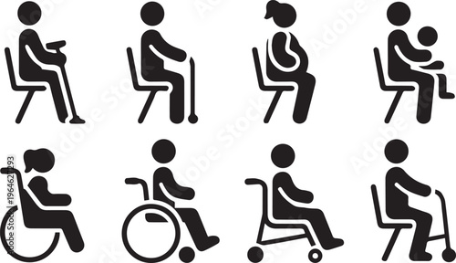 Icons representing different people for priority seating, including elderly, pregnant, and disabled individuals on wheelchairs and walkers.