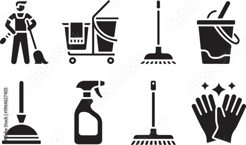 Professional cleaning services icon set with janitor mop bucket spray bottle rubber gloves and industrial sanitation tools for housekeeping
