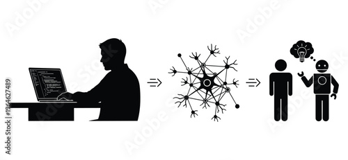 Artificial intelligence development vector illustration for coding, neural network training and human robot interaction design