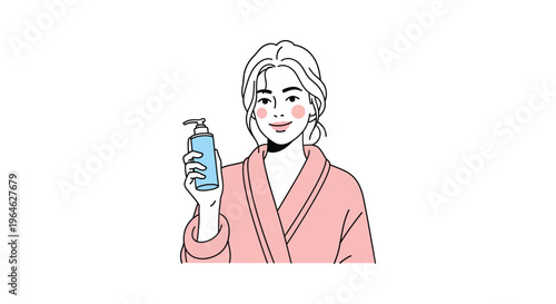 Woman in pink robe holding blue bottle in minimalistic line art style with soft pastel colors for beauty product advertising