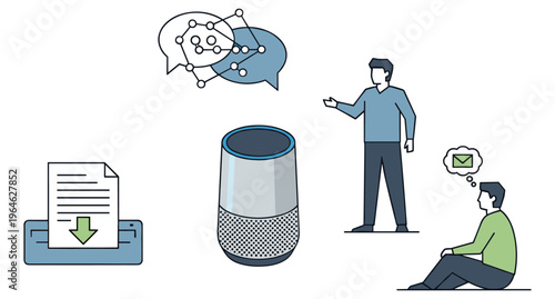 Collaborative intelligent AI tools vector illustration featuring smart speaker data scanning and digital communication