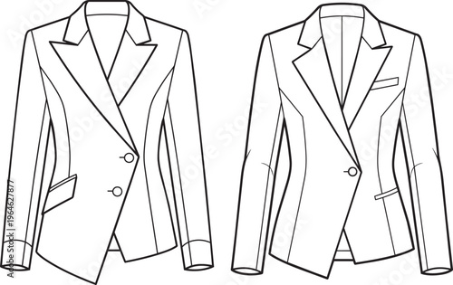 Technical fashion illustration of two women s tailored blazer designs in black