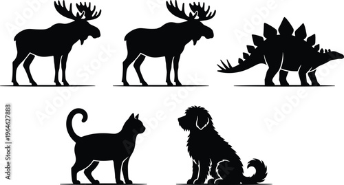 Black Silhouette Animal Set Featuring Moose Dinosaur Stegosaurus Cat And Dog Isolated On White Background For Design And Creative Projects