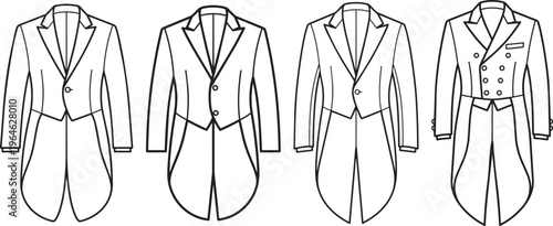 Four variations of formal tailcoats and jackets presented in black and white line art