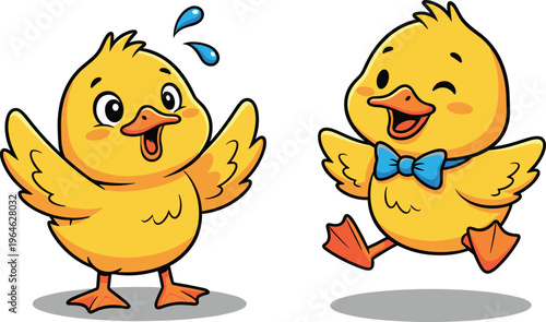 Cute cartoon yellow duck characters set funny happy expressions playful mascot illustration for kids design and branding