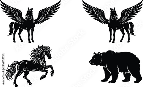 Black silhouette vector illustration of mythical pegasus winged horses, a majestic rearing stallion, and a powerful wild grizzly forest bear.