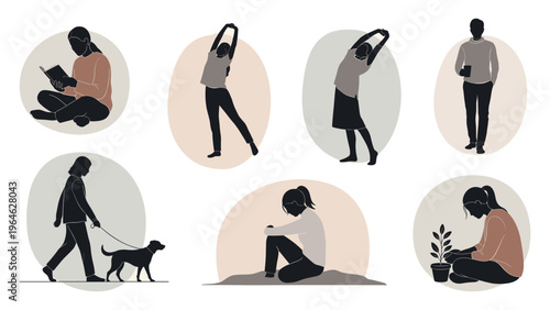 Daily life vector silhouettes reading stretching walking dog mindfulness relaxation icons