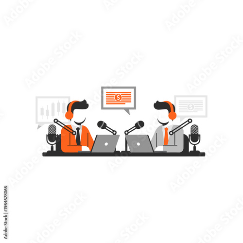 Two businessmen wearing headphones and microphones sitting at table with laptops.