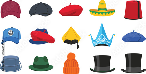 Diverse flat vector illustration collection of various hats including baseball caps, berets, sombrero, fedora, beanie, top hats, and traditional cultural headwear icons.