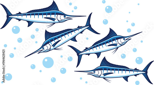 Blue marlin fish vector illustration, Atlantic sailfish swimming in ocean water with bubbles, salt water sport fishing marine life set