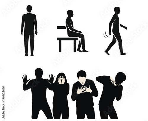 Human silhouette body language health symptoms set with sitting standing walking and pain vector illustration