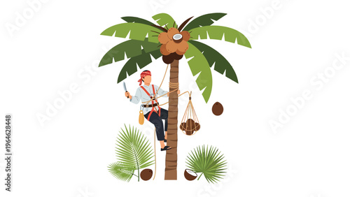 Coconut Harvest: An illustration showcasing a worker expertly harvesting coconuts from a towering palm tree, symbolizing tropical bounty and sustainable agriculture.