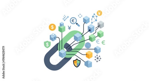 Blockchain Technology Concept. Data Blocks, Digital Currency, Security Shield, and Network Linkage. Decentralized Global Finance Illustration.