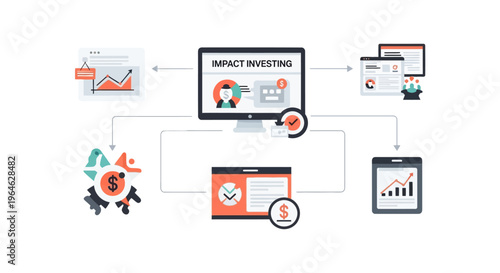 Impact Investing Diagram: Visualization of Sustainable Finance Strategy, ESG Criteria, and Measurable Social Return on Investment Flowchart.