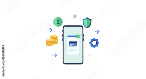 Secure Mobile Payment Concept: Smartphone Transaction Success, E-commerce, Digital Banking, Money Transfer, and Financial Security Illustration