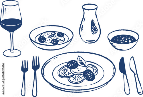 Italian dinner table setting with pasta plate wine glass and decanter sketch vector illustration